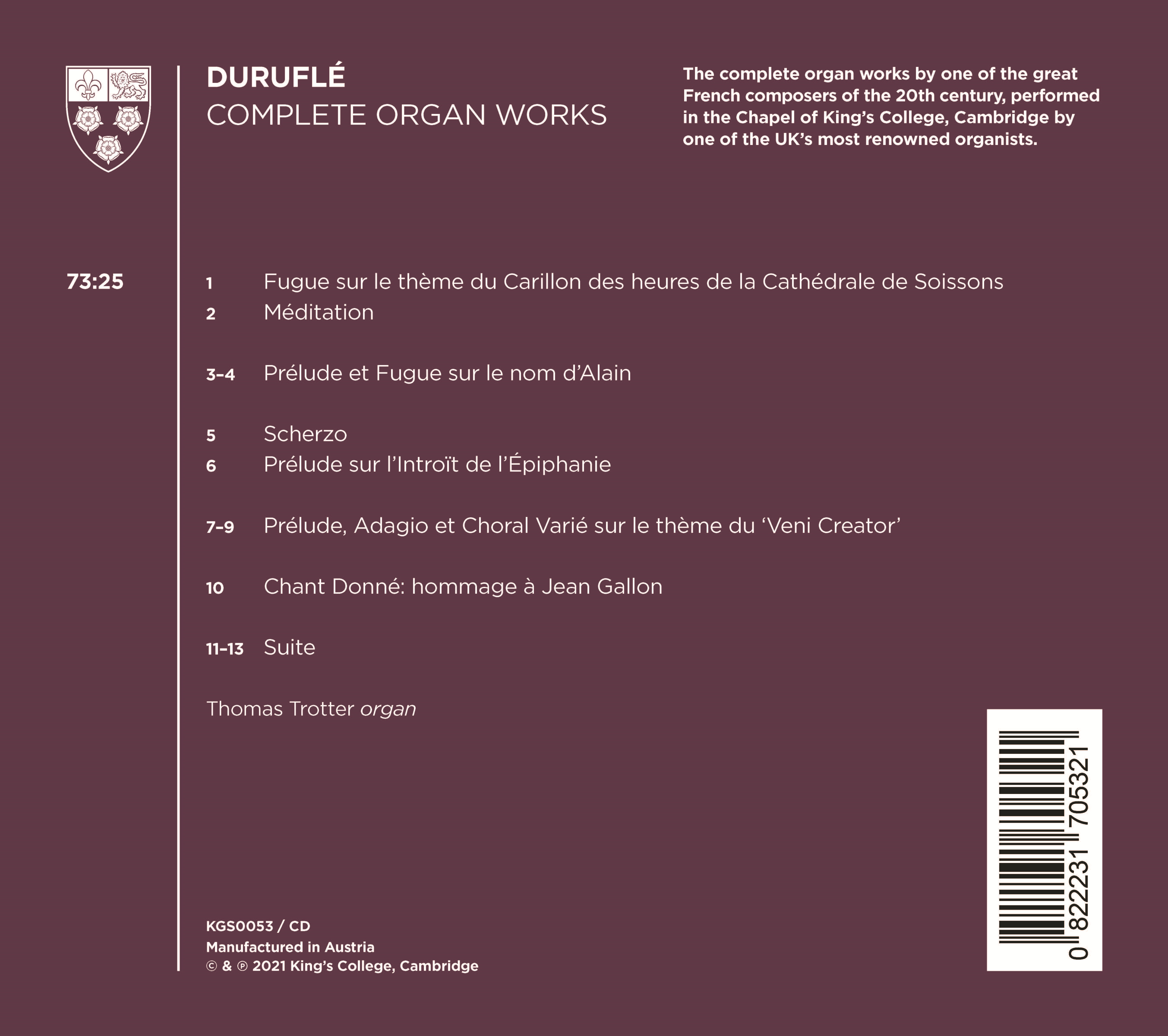 Thomas Trotter 뒤뤼플레: 오르간 작품 전곡집 (Maurice Durufle: Complete Organ Works) 
