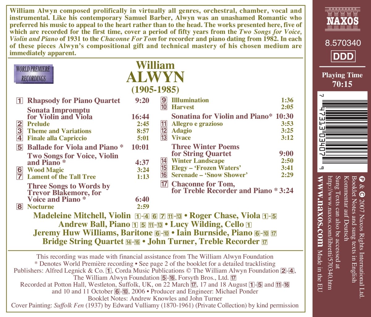 Bridge String Quartet 윌리암 올윈: 실내악 작품들과 가곡 (William Alwyn: Chamber Music and Songs) 