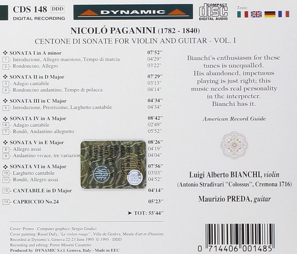 Luigi Alberto Bianchi 파가니니: 바이올린과 기타를 위한 소나타 1집 (Paganini: Centone di Sonate for violin and guitar)