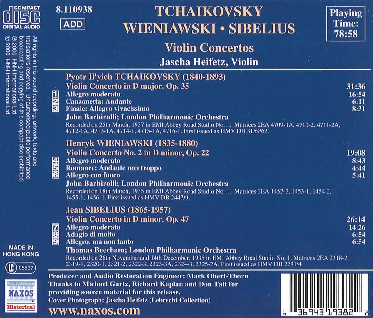 Jascha Heifetz 차이코프스키 / 비에니아프스키 / 시벨리우스: 바이올린 협주곡 - 하이페츠 (Tchaikovsky / Wieniawski / Sibelius: Violin Concertos) 