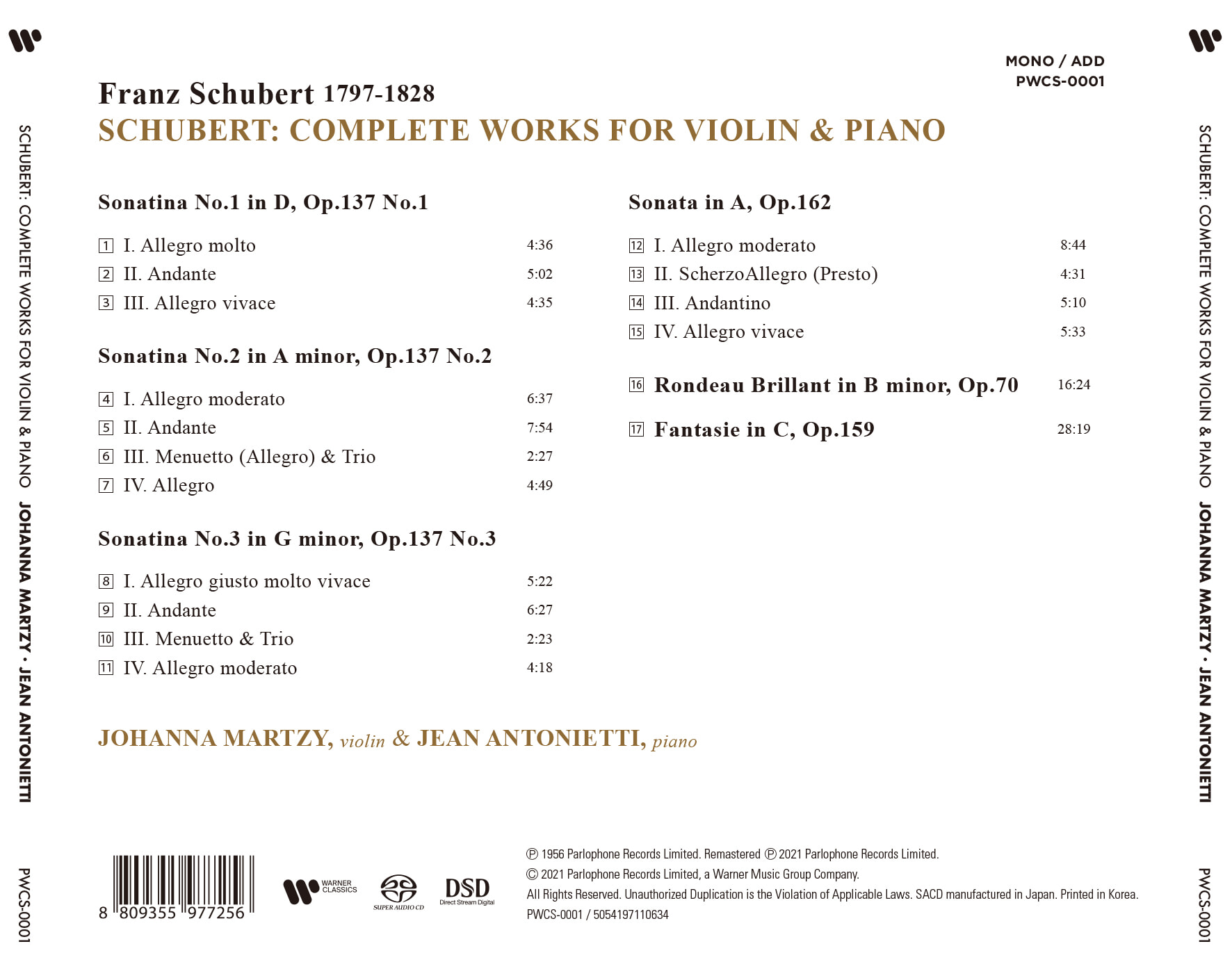 Johanna Martzy 슈베르트: 바이올린과 피아노를 위한 작품 전집 - 요한나 마르치 (Schubert: Complete Works for Violin & Piano) 