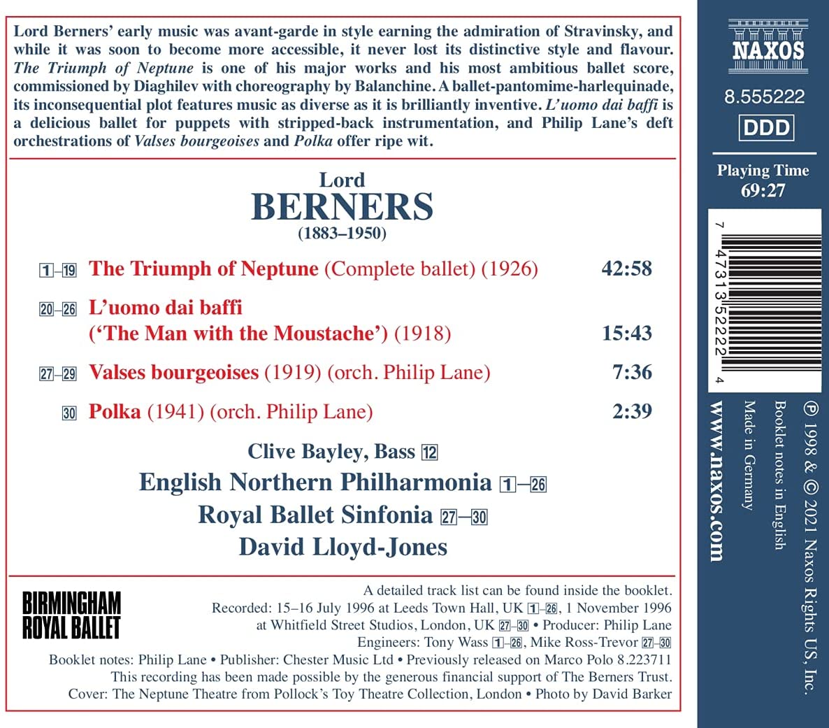 David Lloyd-Jones 로드 버너스: 넵튠의 승리, 콧수염 난 남자, 부르주아풍 왈츠, 폴카 (Lord Berners: The Triumph of Neptune, L'uomo dai baffi, Valses bourgeoises, Polka) 