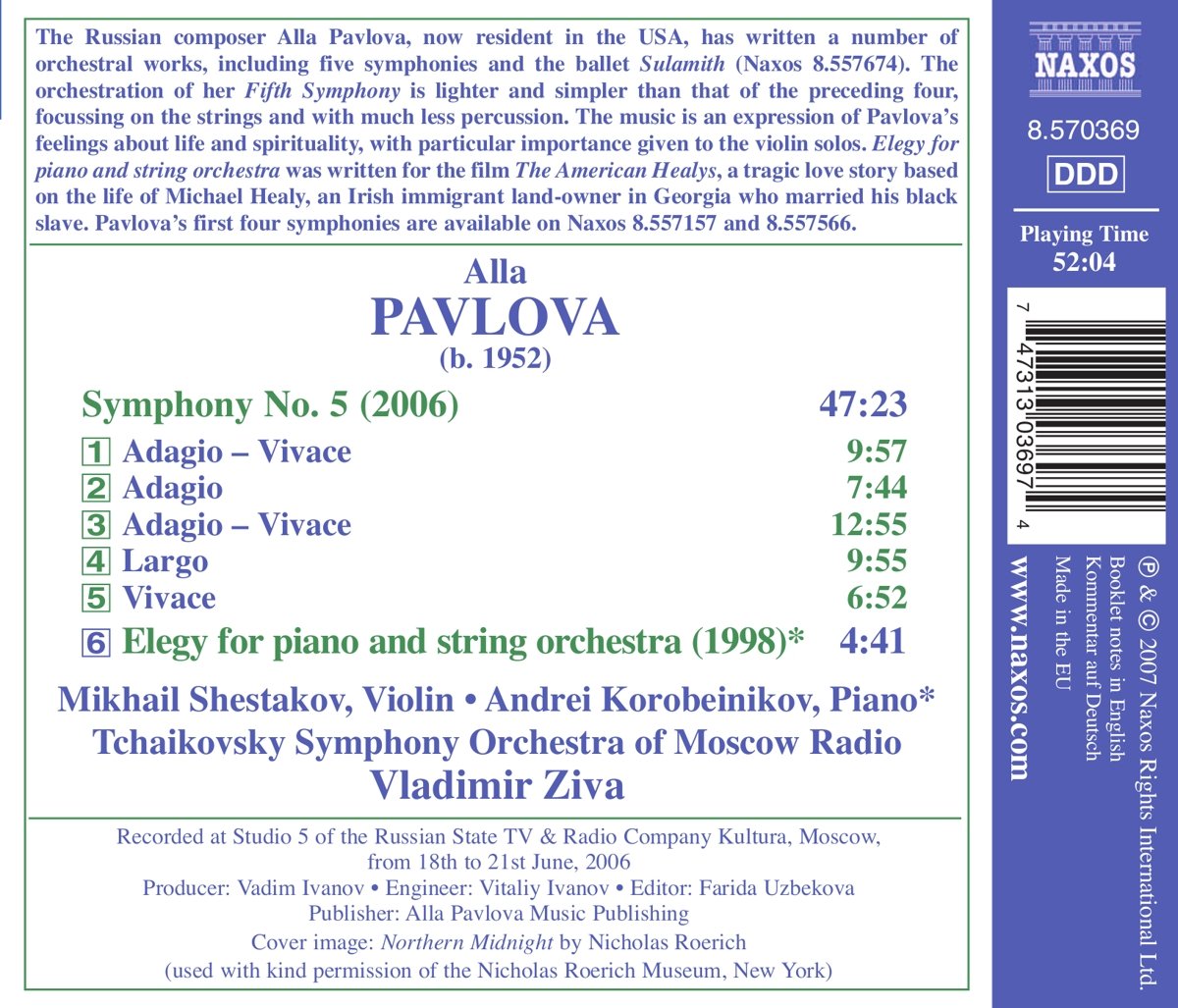 Vladimir Ziva 알라 파블로바: 교향곡 5번, 피아노와 현을 위한 엘레지 (Alla Pavlova: Symphony No.5, Elegy for Piano and String Orchestra) 