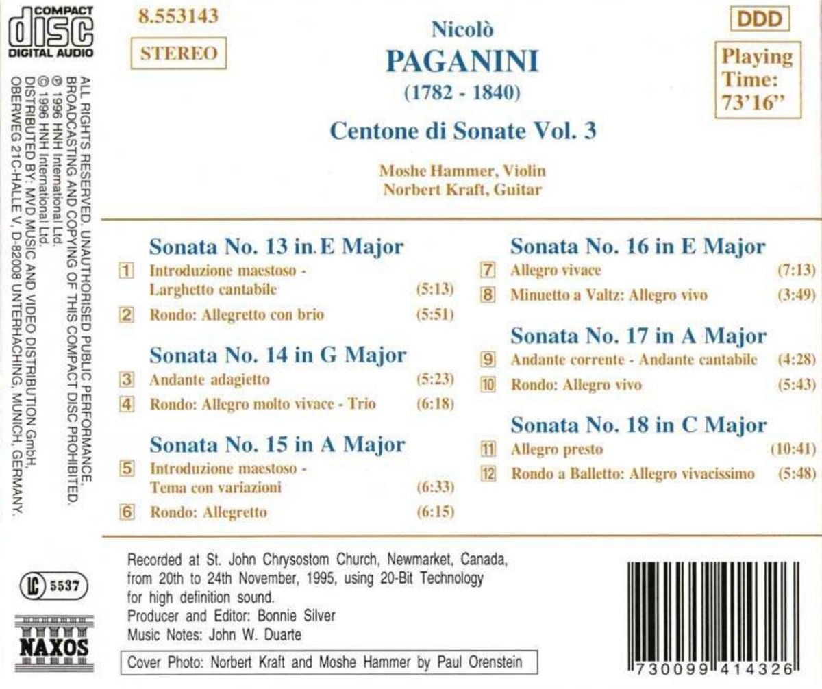 Moshe Hammer 파가니니: 첸토네 디 소나타 3집 (Paganini: Centone di Sonate Vol. 3) 