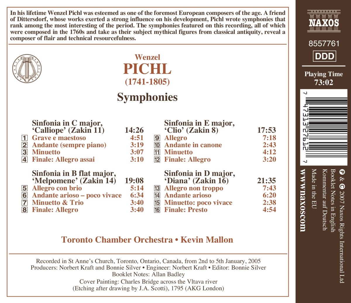 Kevin Mallon 피흘: 교향곡 - 칼리오페, 클리오, 다이아나, 멜포메네 (Wenzel Pichl: Symphonies - Calliope, Clio, Diana, Melpomene) 