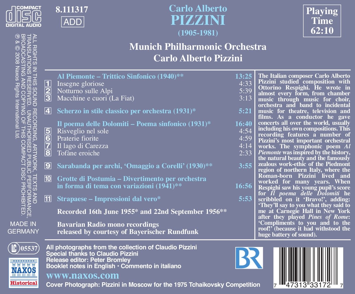 Carlo Alberto Pizzini 피치니: 알 피에몬테, 돌로메티의 시, 포스토이나의 동굴 외 (Carlo Alberto Pizzini: Al Piemonte, Il Poema delle Dolomiti, Grotte di Postumia) 