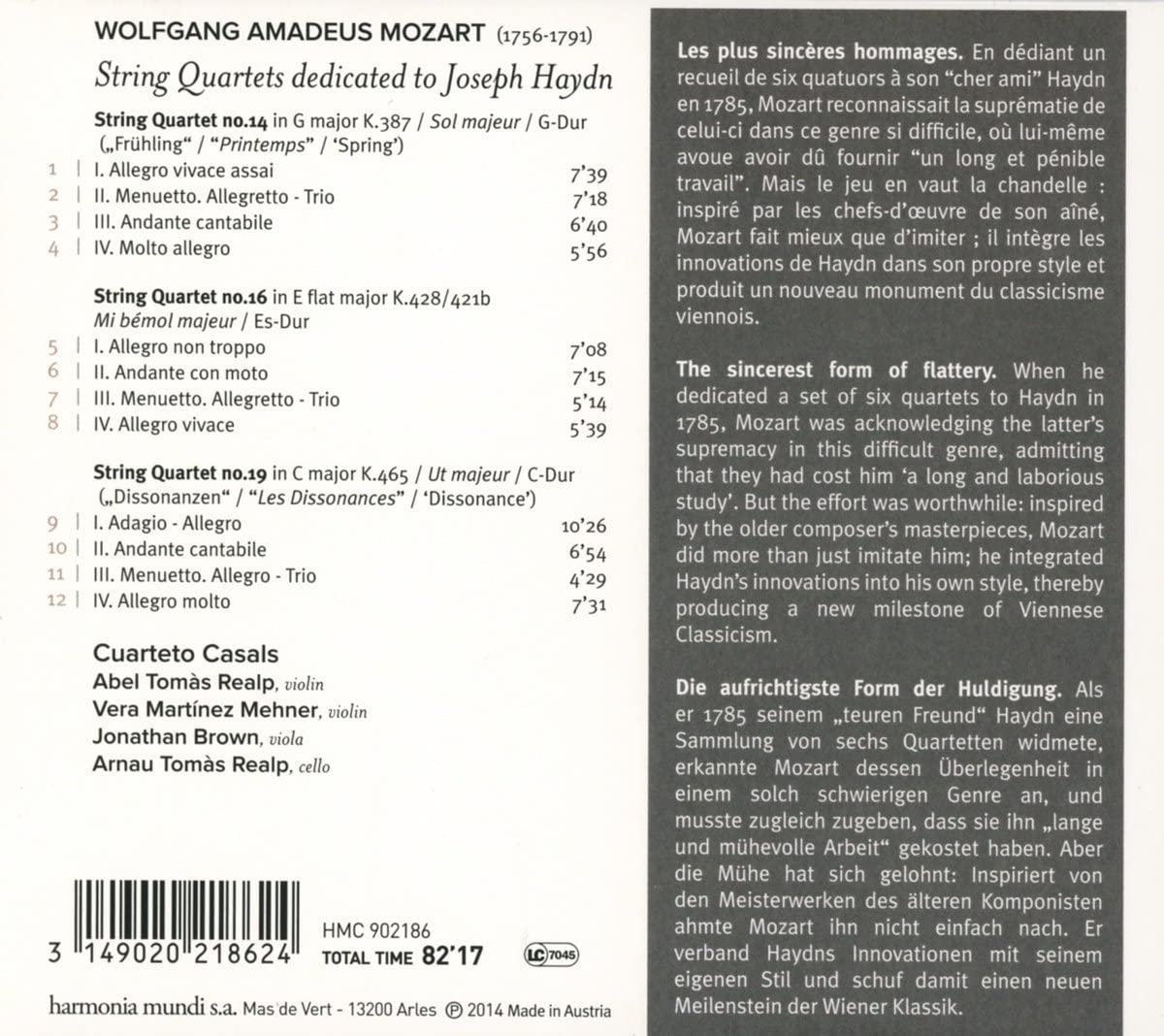 Cuarteto Casals 모차르트: 하이든 4중주 1집 - 4번 `봄` 16번 19번 `불협화음' - 카잘스 사중주단 (Mozart: 'Haydn Quartets' K. 428, 465, 387) 