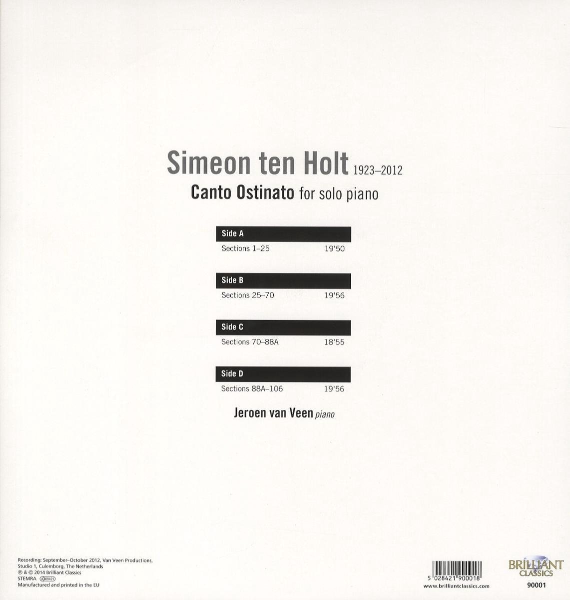 Jeroen van Veen 시메온 텐 홀트: 칸토 오스티나토 (Simeon Ten Holt: Canto Ostinato) [2LP]