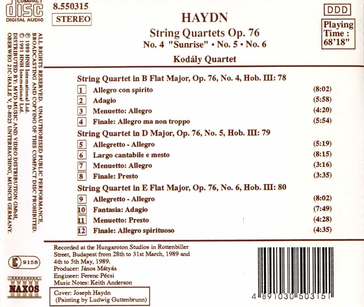 Kodaly Quartet 하이든: 현악 사중주 4번 "일출", 5, 6번 (Haydn: String Quartets Op.76 No.4 'Sunrise', Nos. 5, 6) 