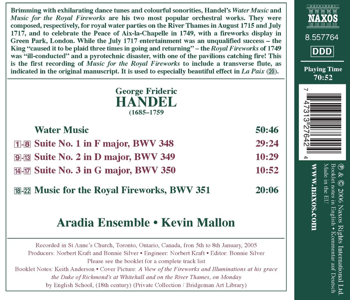 Aradia Ensemble / Kevin Mallon 헨델: 수상 음악, 왕궁의 불꽃놀이 (Handel: Water Music, Music for the Royal Fireworks) 