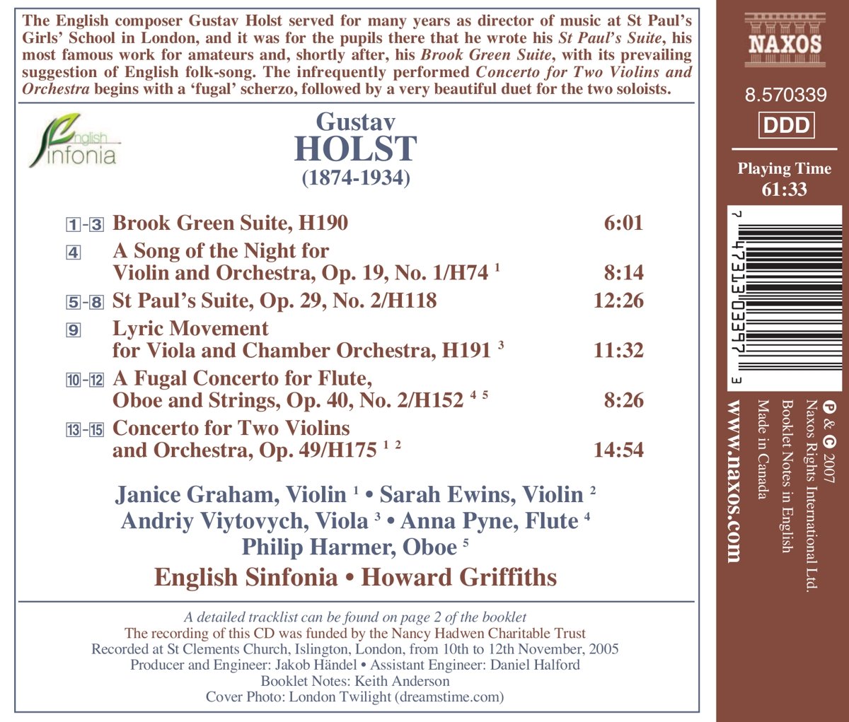 Howard Griffiths 홀스트: 두 대의 바이올린을 위한 협주곡, 세인트 폴 모음곡, 밤의 노래 외 (Gustav Holst: Double Concerto, St Paul's Suite, Brook Green Suite) 
