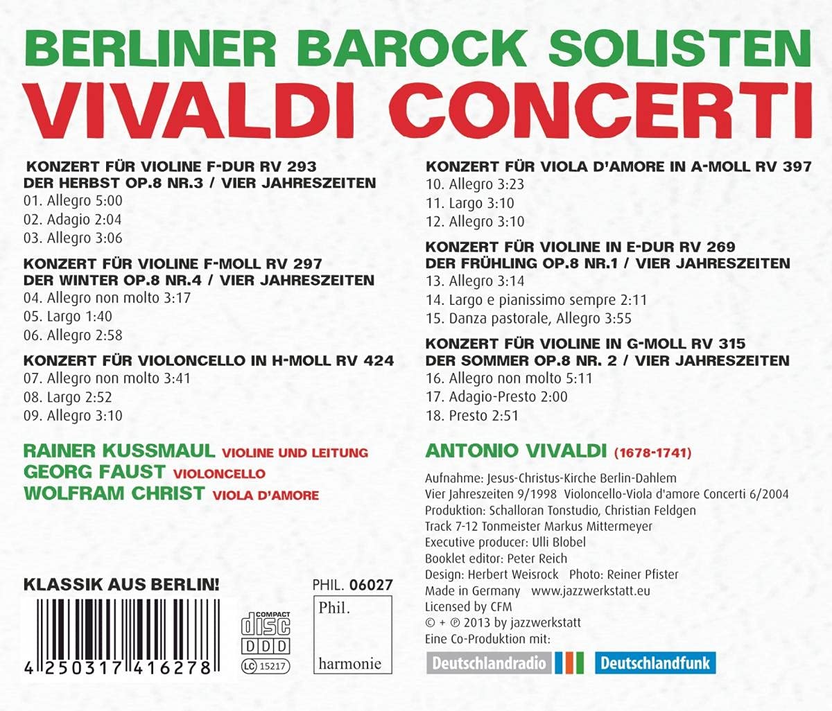 Berlin Baroque Soloists 비발디: 사계, 첼로 협주곡, 비올라 다모레 협주곡 (Vivaldi: The Four Seasons, Cello Concerto RV424, Viola d'amore concerto RV397) 