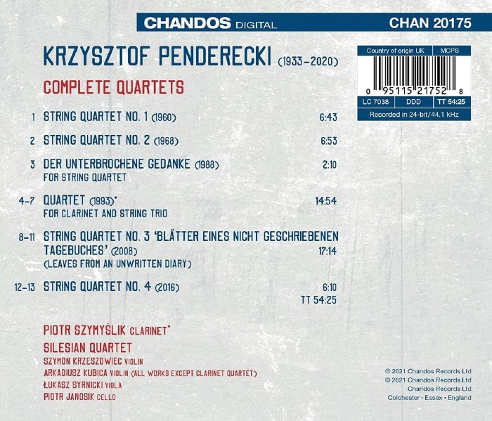 Piotr Szymyslik / Silesian Quartet 펜데레츠키: 현악 사중주 전집, 클라리넷 사중주 외 (Penderecki: Complete Quartets, Clarinet Quartet)