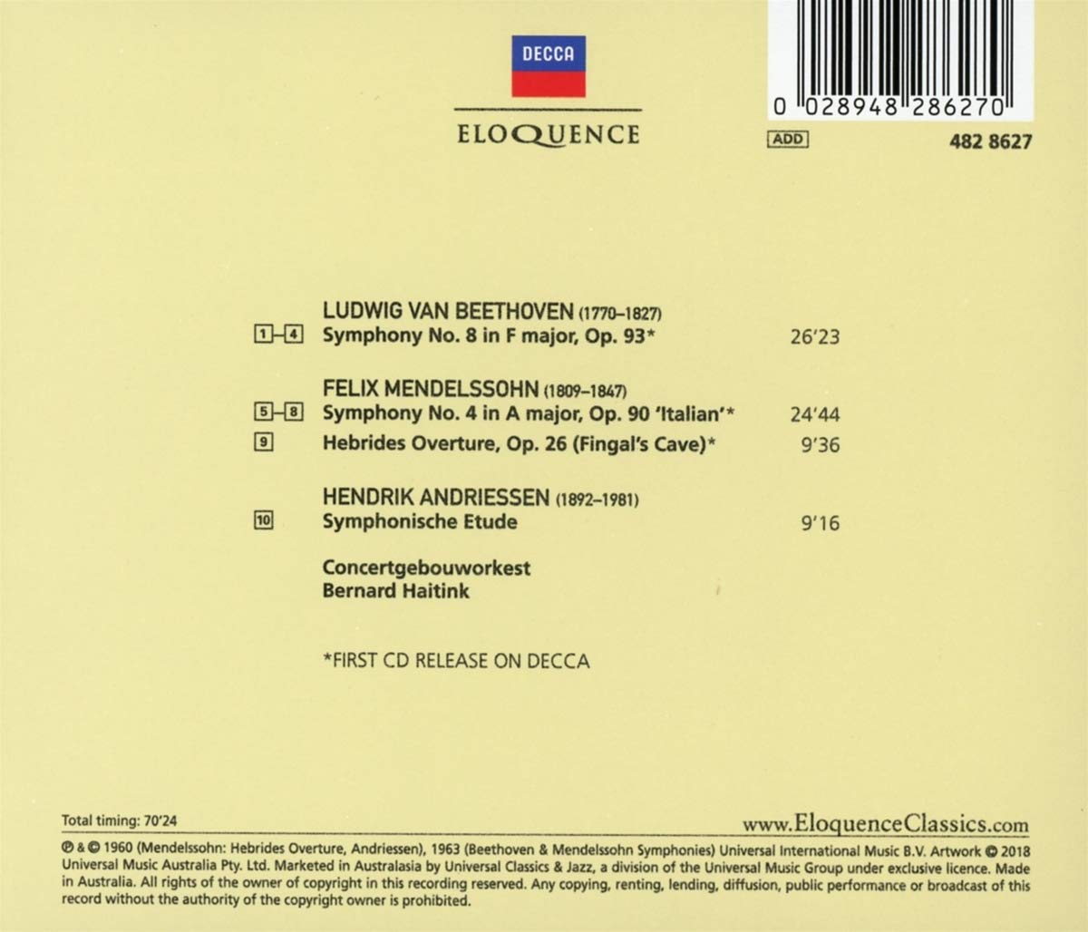 Bernard Haitink 베토벤: 교향곡 8번 / 멘델스존: 교향곡 4번 외 - 초기 녹음 (The Early Years - Beethoven: Symphony Op.93 / Mendelssohn: Symphony Op.90 'Italian') 