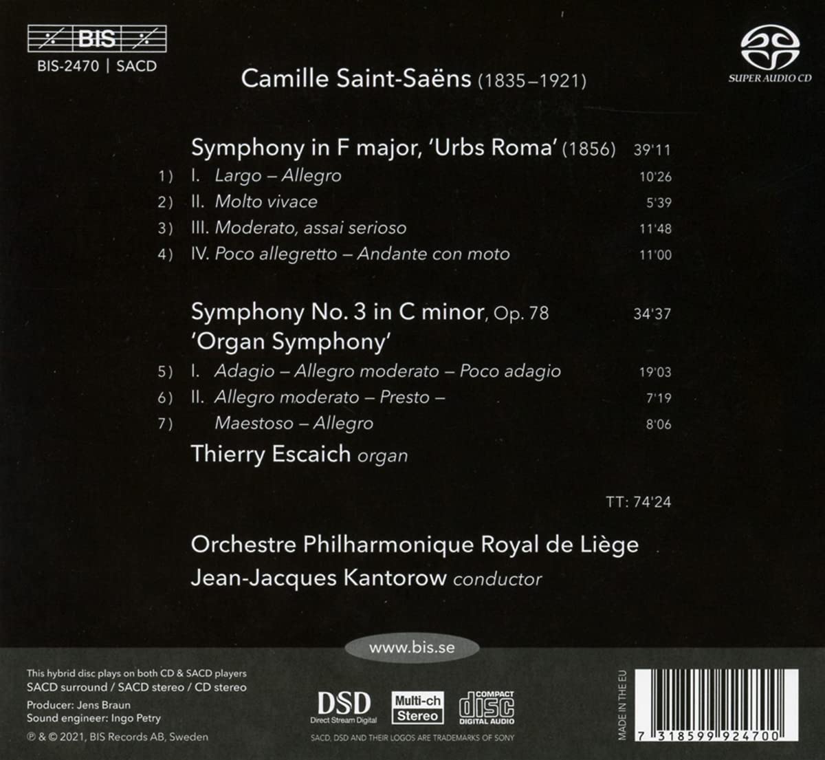 Jean-Jacques Kantorow 생상스: 교향곡 3번 '오르간', '로마 교향곡' (Saint-Saens: Symphony Op.78 'Organ', 'Urbs Roma') 