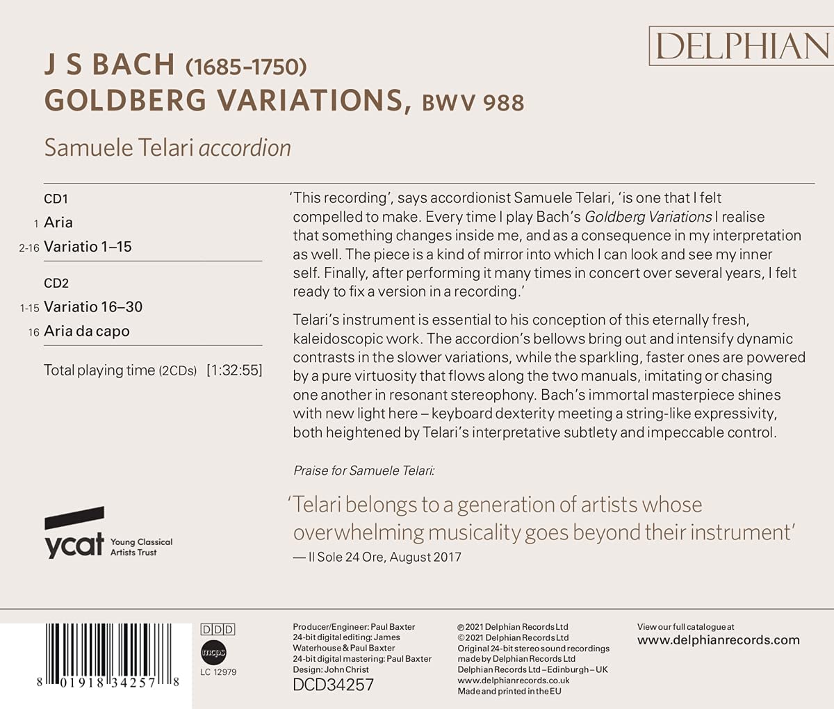 Samuele Telari 바흐: 골든베르크 변주곡 [아코디언 연주 버전] (Bach: Goldberg-Variations BWV988) 