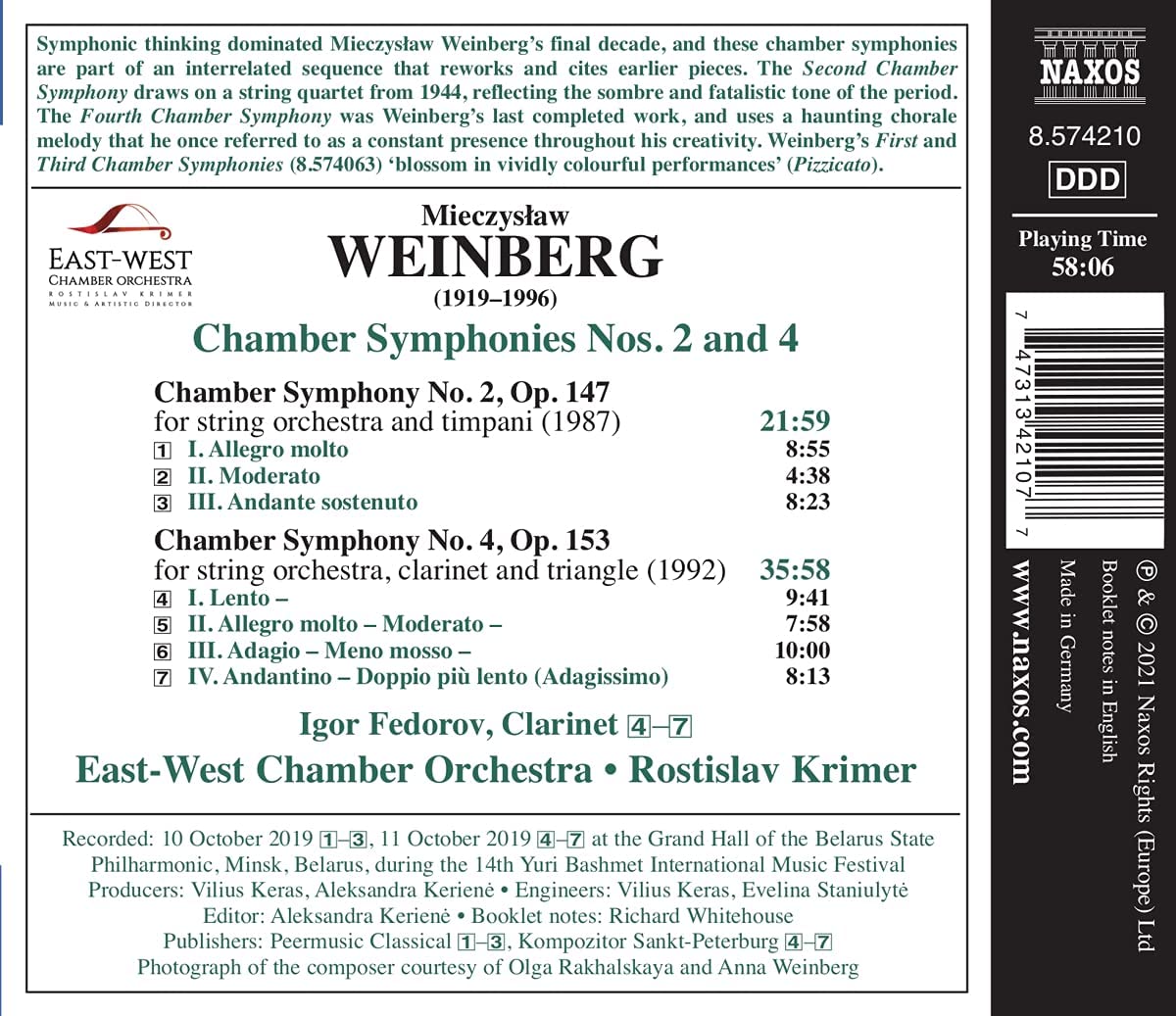 Rostislav Krimer 바인베르크: 실내 교향곡 2, 4번 (Weinberg: Chamber Symphonies Op.147, Op.153) 