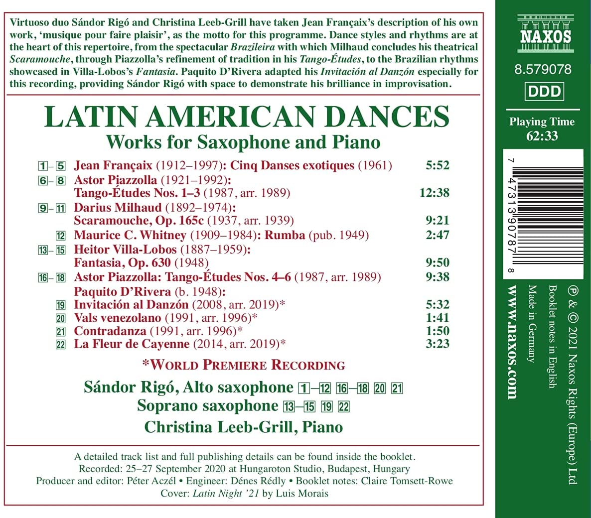 Sandor Rigo 색소폰과 피아노를 위한 라틴 아메리카 춤곡 작품집 (Latin American Dances - Works for Saxophone and Piano) 