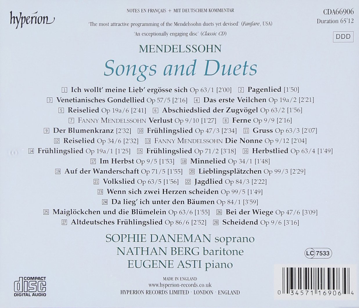 Sophie Daneman 멘델스존: 가곡과 듀엣 (Mendelssohn: Songs and Duets)