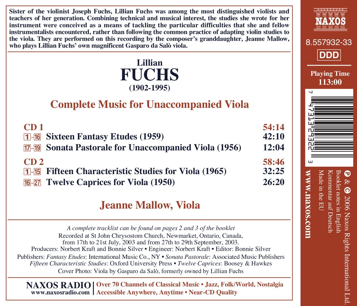 Jeanne Mallow 릴리안 푹스: 비올라 독주곡집 (Lillian Fuchs: Complete Music For Unaccompanied Viola) 