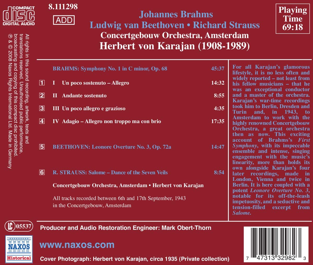 Herbert von Karajan 브람스: 교향곡 1번 / 베토벤: 레오노레 3번 서곡 외 (Brahms: Symphony Op.68 / Beethoven: Leonore Overture No.3 Op.72a) 