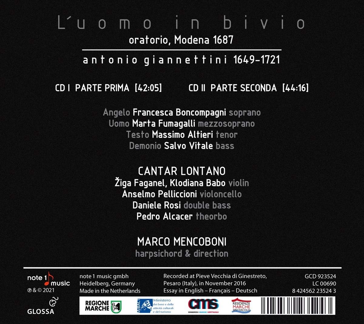 Marco Mencoboni 안토니오 자네티니: 오라토리오 '갈림길의 남자' (Antonio Giannettini: Oratorium 'L'Uono in Bivio') 