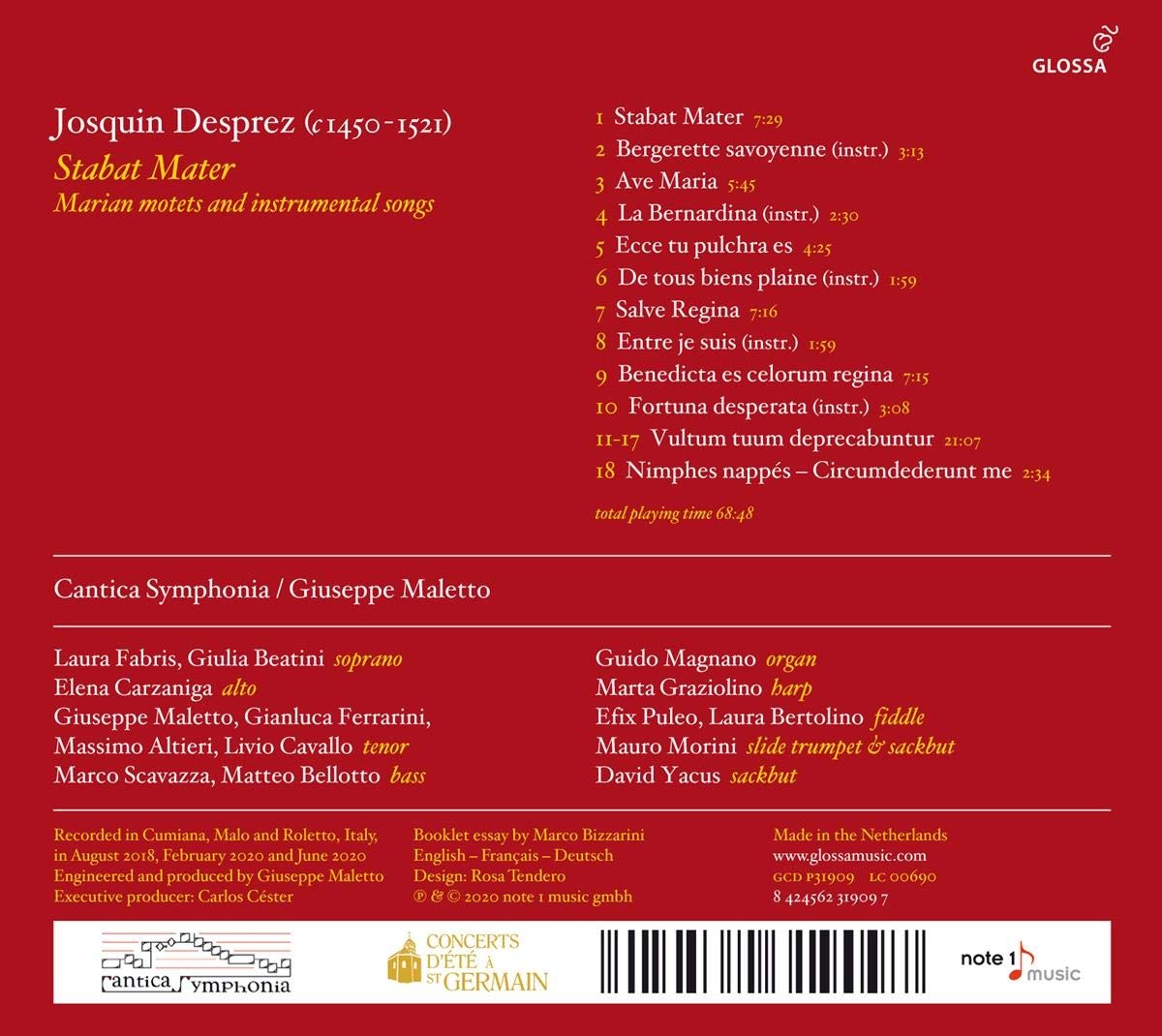 Giuseppe Maletto 조스캥 데프레: 스타바트 마테르, 성모 모테트, 기악 반주 노래들 (Josquin Desprez: Stabat mater, Marian Motets and Instrumental Songs) 