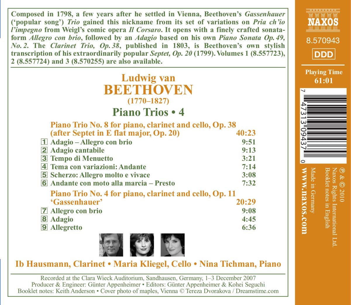 Ib Hausmann / Maria Kliegel / Nina Tichman 베토벤: 클라리넷, 피아노, 첼로를 위한 삼중주 4, 8번 (Beethoven: Piano Trios Nos. 4, 8) 