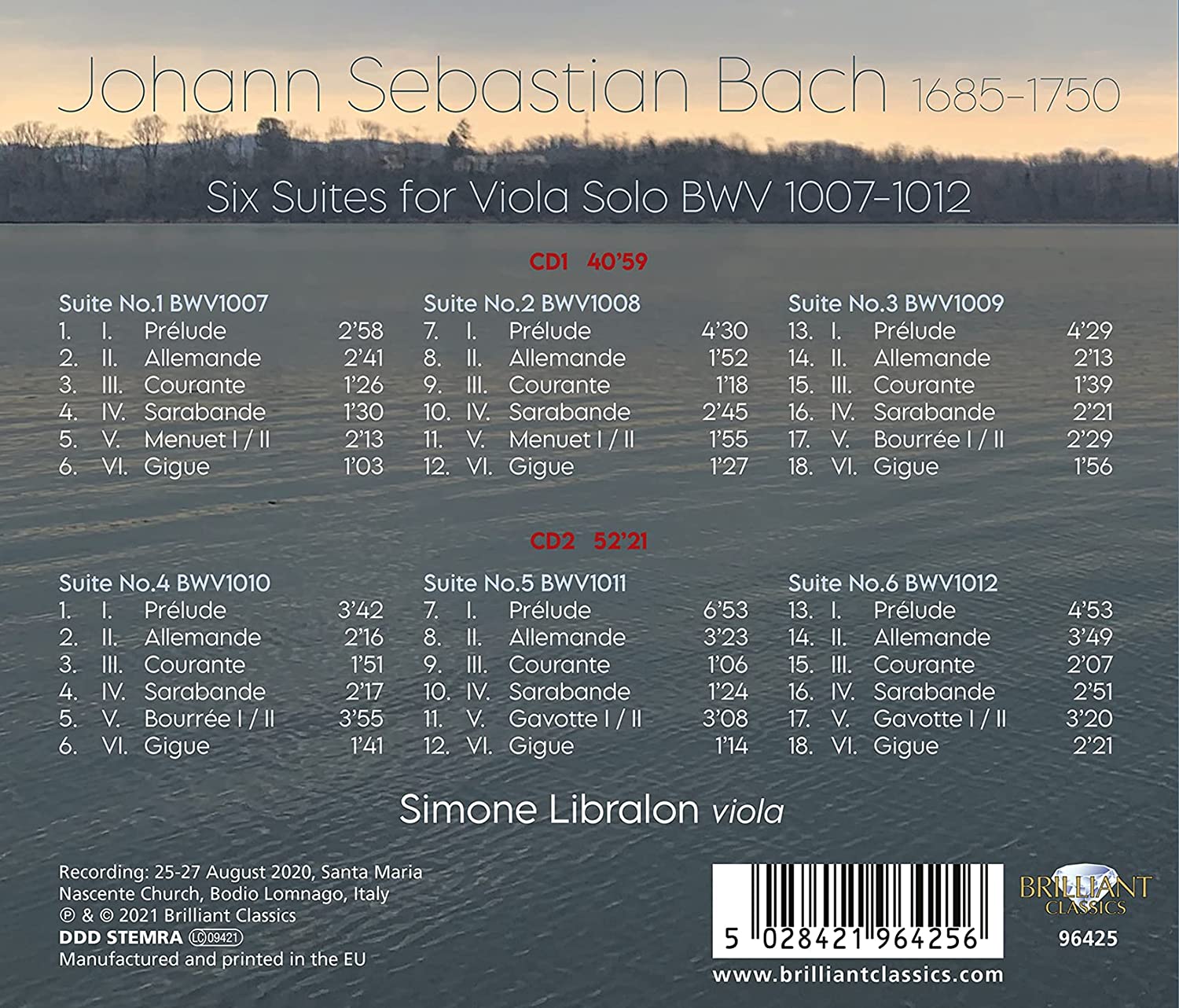 Simone Libralon 바흐: 비올라 독주 모음곡 (J.S.Bach: Six Suites For Viola Solo BWV1007-BWV1012) 