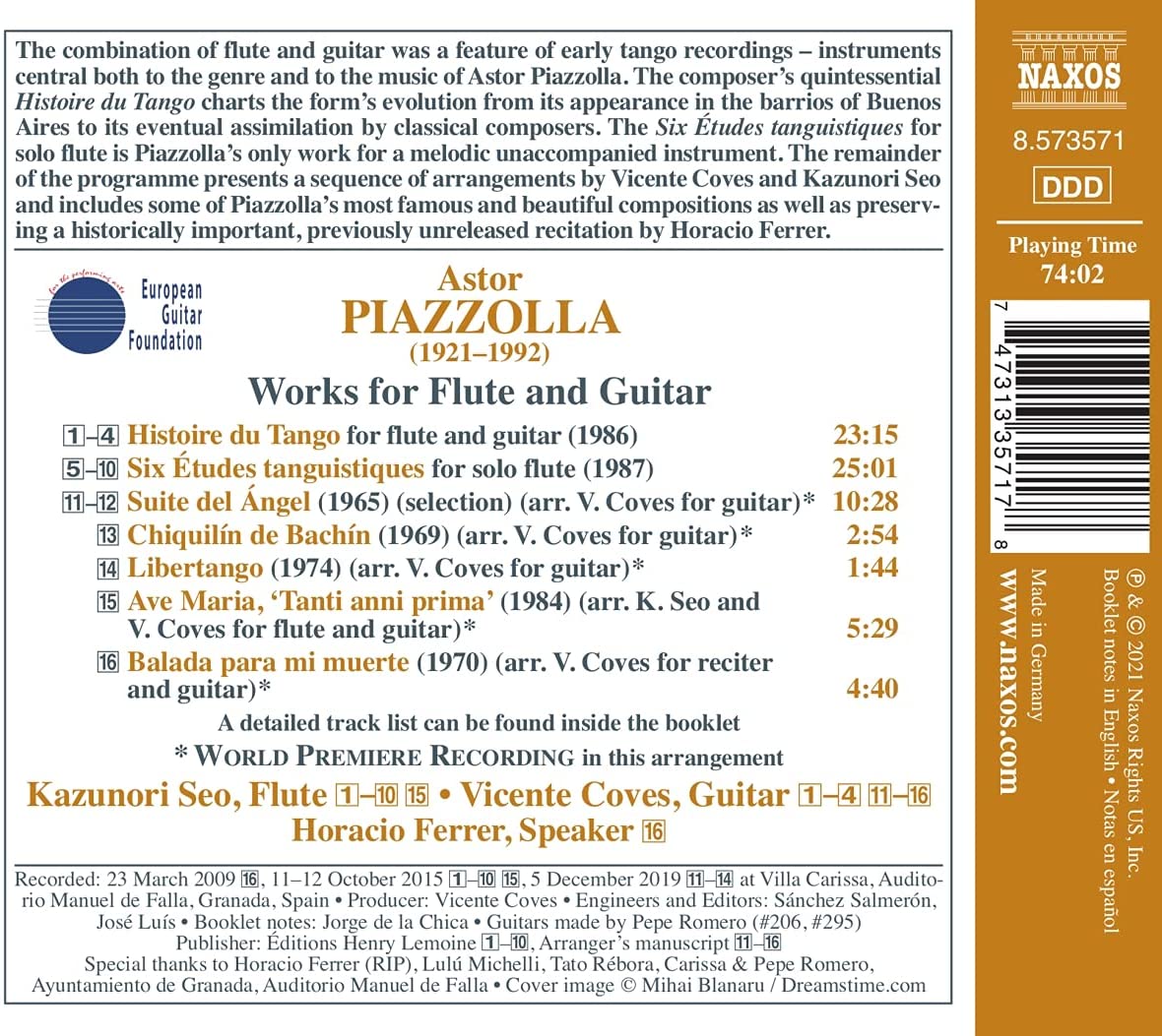Kazunori Seo 피아졸라: 플루트와 기타를 위한 작품집 (Piazzolla: Works for Flute and Guitar - Histoire du Tango) 