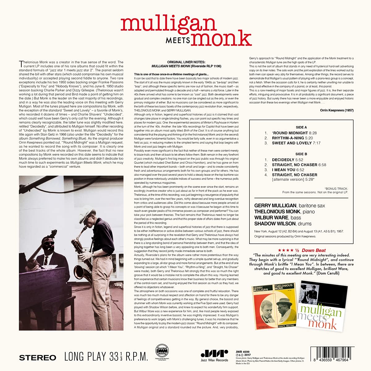 Thelonious Monk / Gerry Mulligan (델로니어스 몽크 / 게리 멀리건) - Mulligan Meets Monk [LP] 