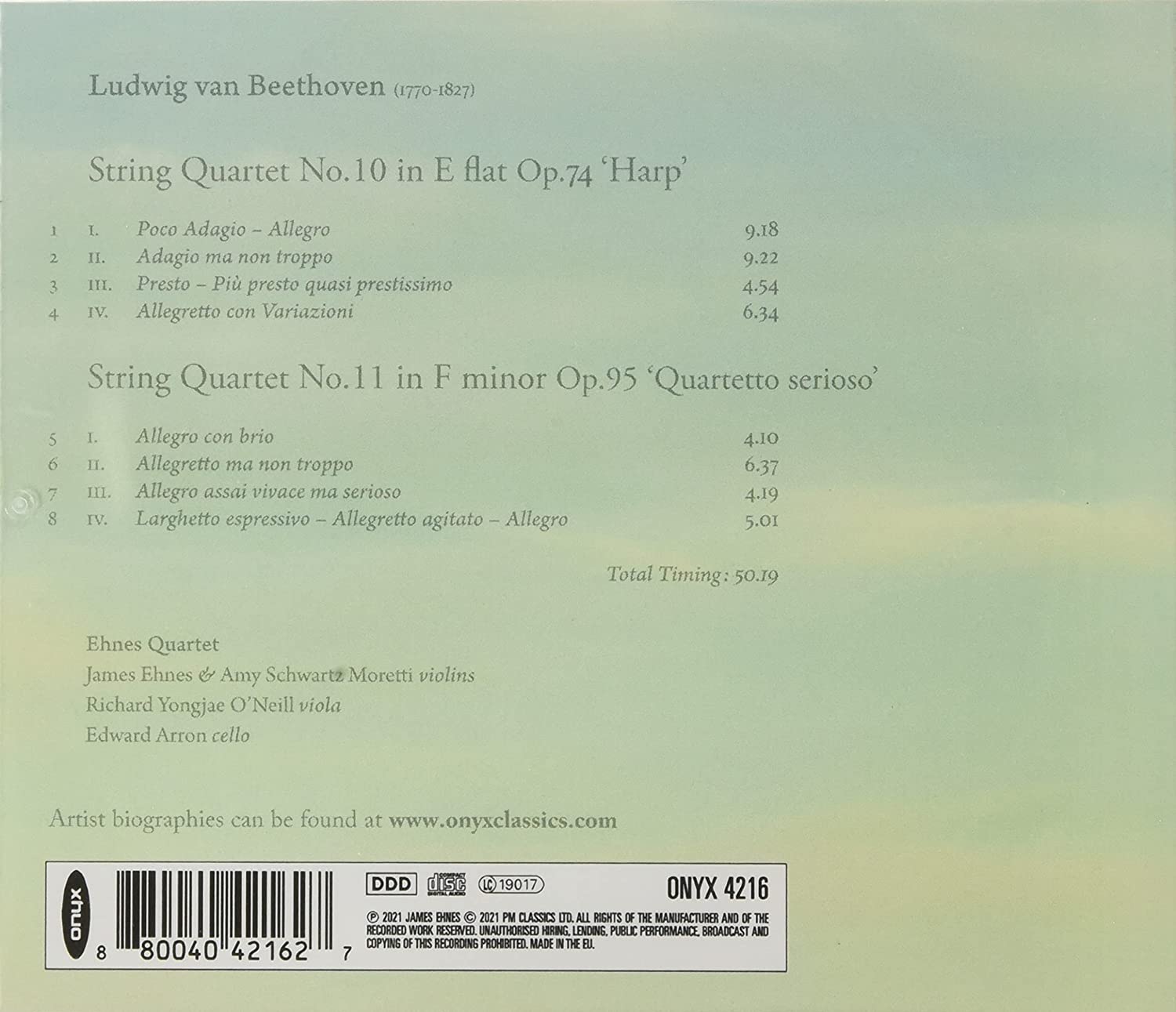 Ehnes Quartet 베토벤: 현악 4중주 10번 `하프` 11번 `세리오소` - 에네스 콰르텟 (Beethoven: String Quartet Opp.74, 95) 
