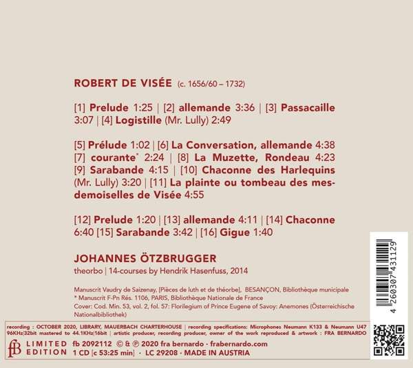 Johannes Otzbrugger 로버트 드 비제: 류트 작품집 (Robert de Visee: Pieces de Theorbe) 