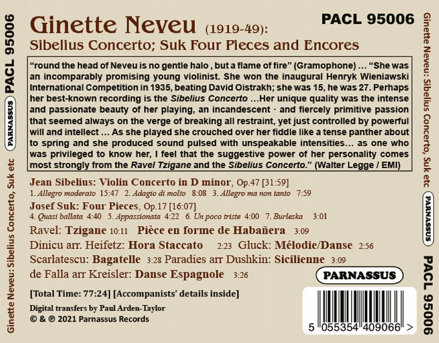 Ginette Neveu 시벨리우스: 바이올린 협주곡 / 수크: 네 곡의 소품집 (Sibelius: Violin Concerto Op.47 / Suk: Four Pieces for Violin and Piano Op.17) 