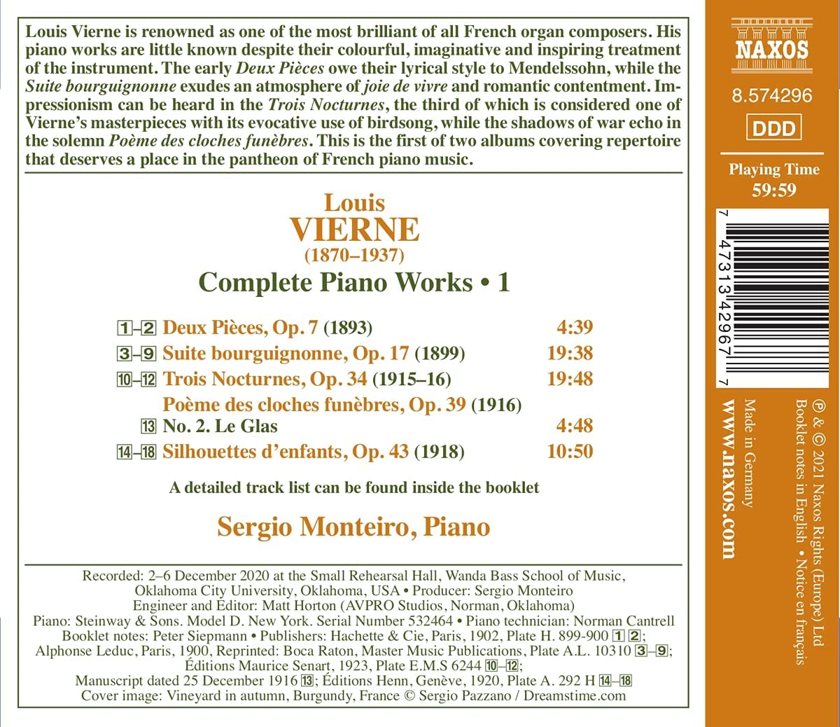 Sergio Monteiro 루이 비에른: 피아노 전곡 작품 1집 (Louis Vierne: Complete Piano Works Vol. 1) 