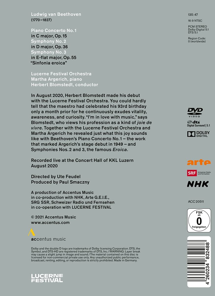 Martha Argerich / Herbert Blomstedt 베토벤: 피아노 협주곡 1번, 교향곡 2, 3번 - 2020년 루체른 페스티벌 실황