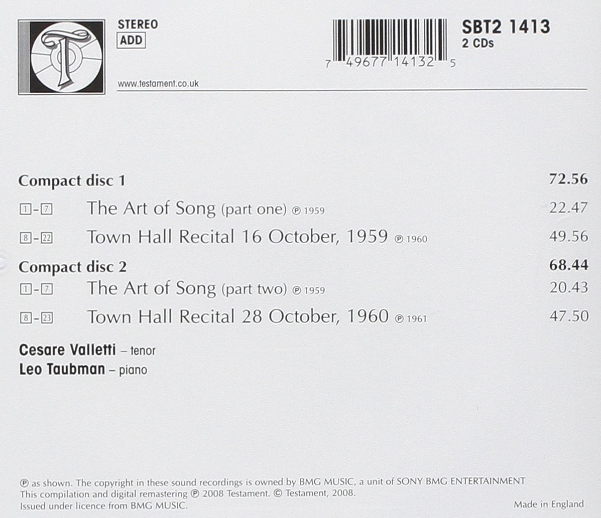 Cesare Valletti 발레티의 가곡의 밤 - 뉴욕 타운홀 리사이틀 실황 & 스튜디오 녹음집 (New York Town Hall Recitals 1959 & 1960 - The Art of Song)