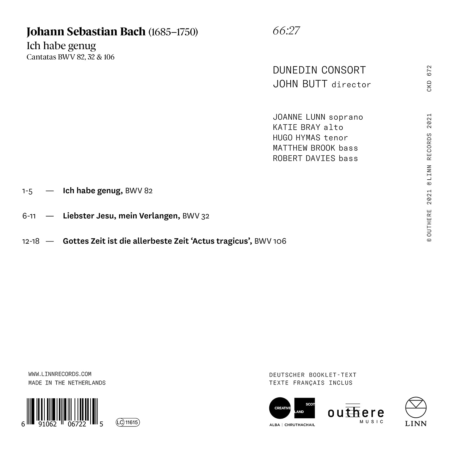 John Butt 바흐: 칸타타 '나는 만족하나이다' 외 (Bach: Cantatas BWV82 'Ich habe genug', BWV32, BWV106)