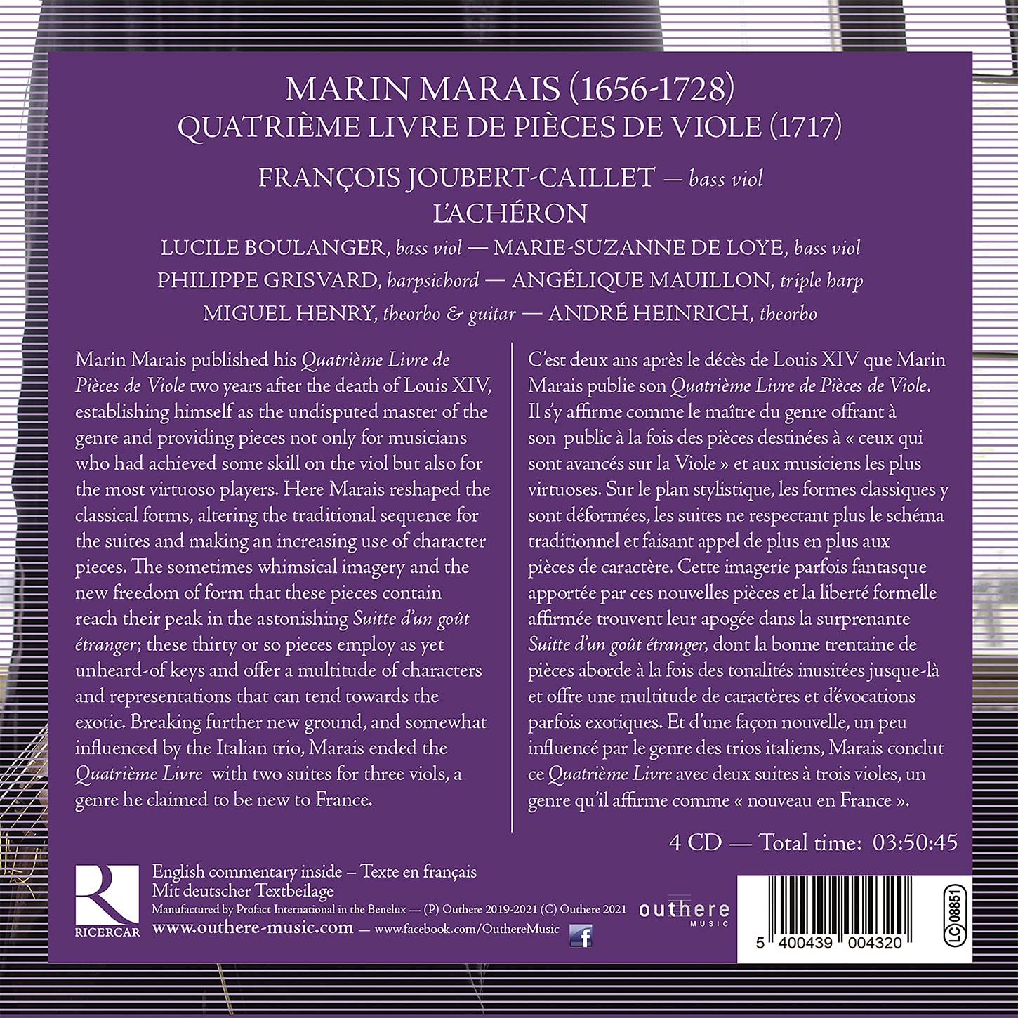 Francois Joubert-Caillet 마랭 마레: 비올라 다 감바 작품집 4권 전곡 (Marin Marais: Livre de Pieces de Viole - Quatrieme)