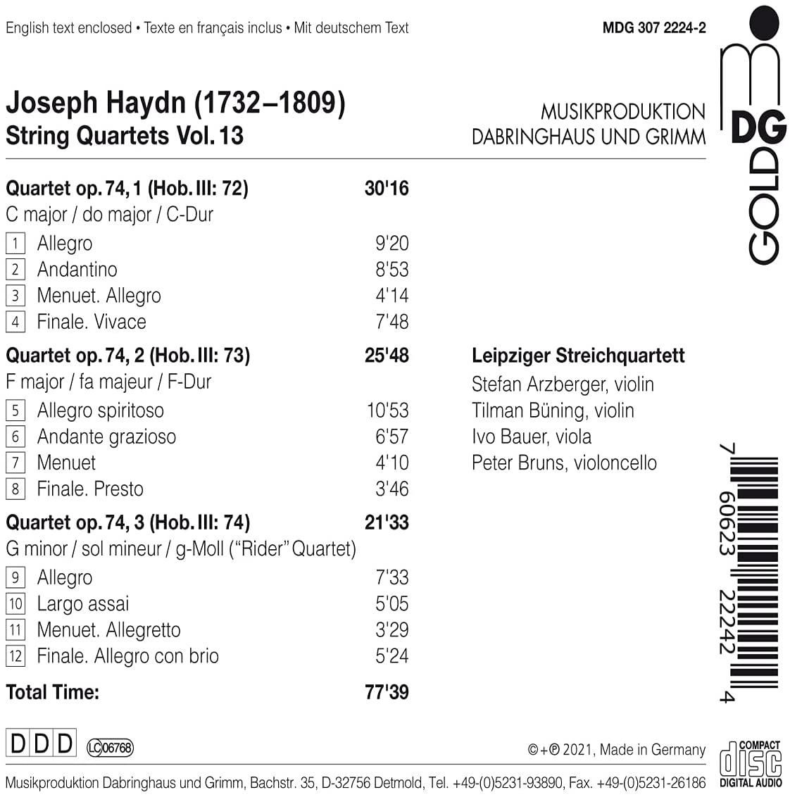 Leipziger Streichquartett 하이든: 현악 사중주 13집 (Haydn: String Quartets Vol.13 - Op.74 No.1, 2, 3)