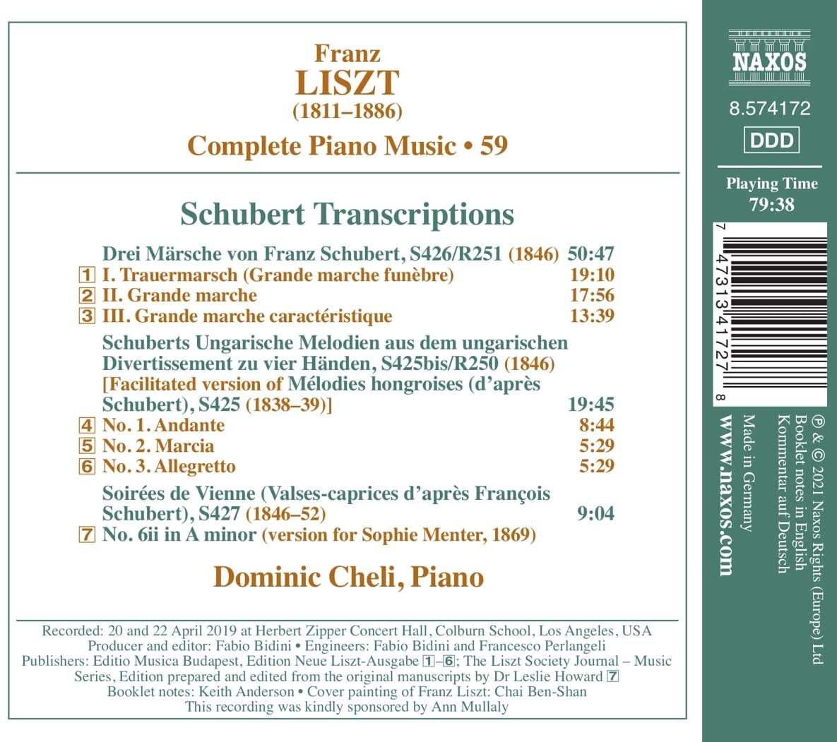 Dominic Cheli 리스트: 피아노 전곡 작품 59집 - 슈베르트 가곡 편곡 (Liszt: Schubert Transcriptions) 