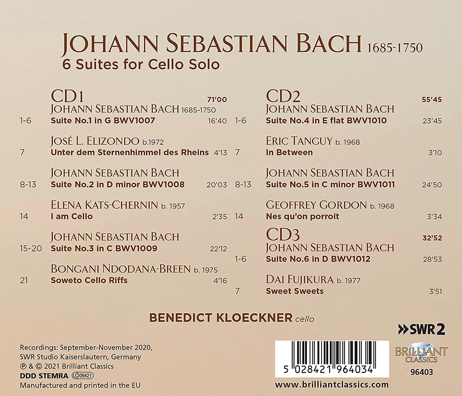 Benedict Kloeckner 바흐: 무반주 첼로 모음곡 (J.S.Bach: 6 Suites for Cello Solo BWV1007-BWV1012 )