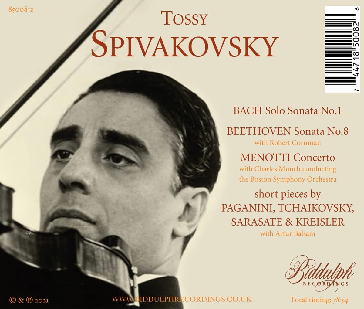 Tossy Spivakovsky 토시 스피바코프스키 바이올린 연주집 (Bach: Solo Sonata No.1 / Beethoven: Sonata No.8 / Menotti: Concerto, Short Pieces) 