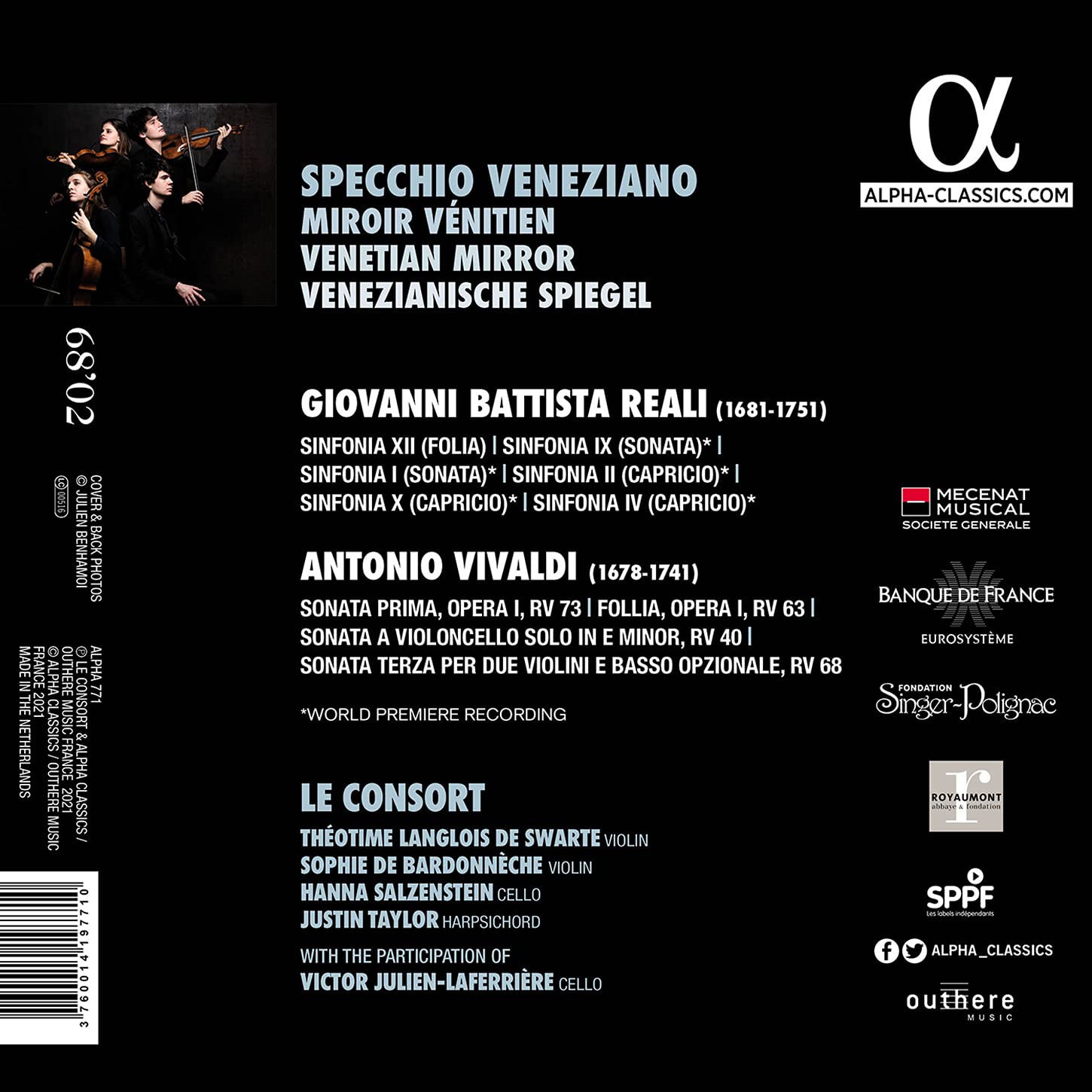 Le Consort 레알리: 신포니아 / 비발디: 소나타 외 (Reali: Sinfonias / Vivaldi: Sonata a Violoncello Solo RV40, Sonata Terza per due Violini e Basso Opzionale RV68) 