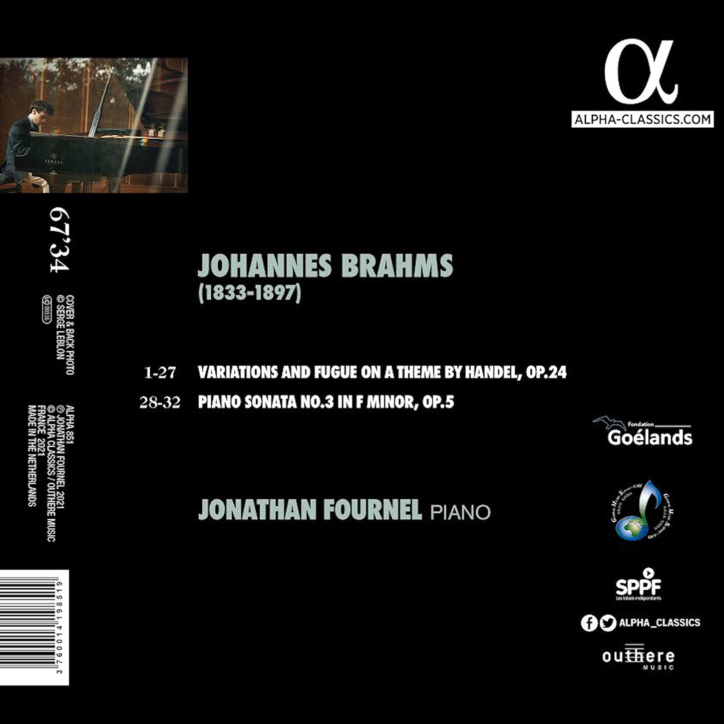 Jonathan Fournel 브람스: 피아노 소나타 3번, 헨델 주제에 의한 변주곡 - 조나탕 푸르넬 (Brahms: Piano Sonata Op.5, Variations and Fugue on a Theme by Handel Op.24) 