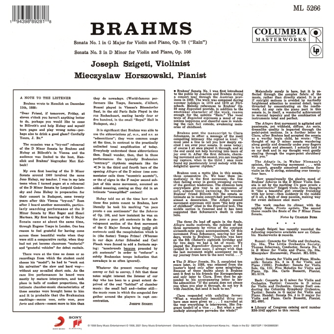 Joseph Szigeti 브람스: 바이올린 소나타 1번 '비', 3번 - 요제프 시게티 (Brahms: Violin Sonatas Op.78 'Regen', Op.108) [LP] 
