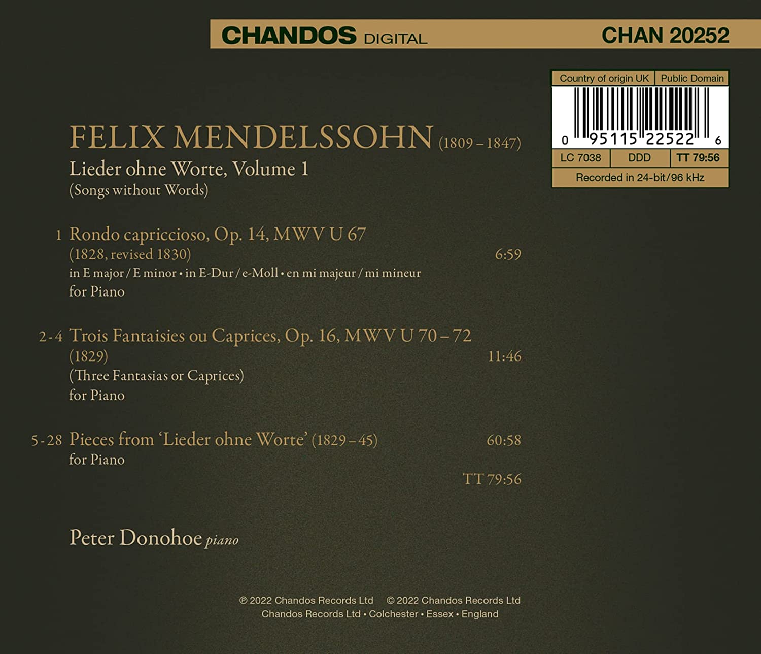 Peter Donohoe 멘델스존: 무언가 1집 (Mendelssohn: Songs Without Words Vol.1)