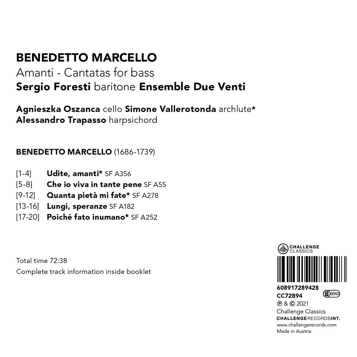 Sergio Foresti 마르첼로: 베이스 칸타타집 (Marcello: Cantatas for Bass - Amanti) 