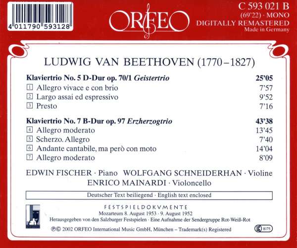 Edwin Fischer / Wolfgang Schneiderhan / Enrico Mainardi 베토벤: 피아노 삼중주 5, 7번 (Beethoven: Piano Trios Op.70/1, Op.97) 