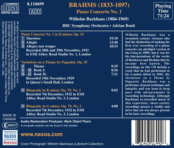 Wilhelm Backhaus 브람스: 피아노 협주곡 1번, 파가니니 변주곡 (Great Pianists - Brahms: Piano Concerto Op.15, Paganini Variations Op.35) 